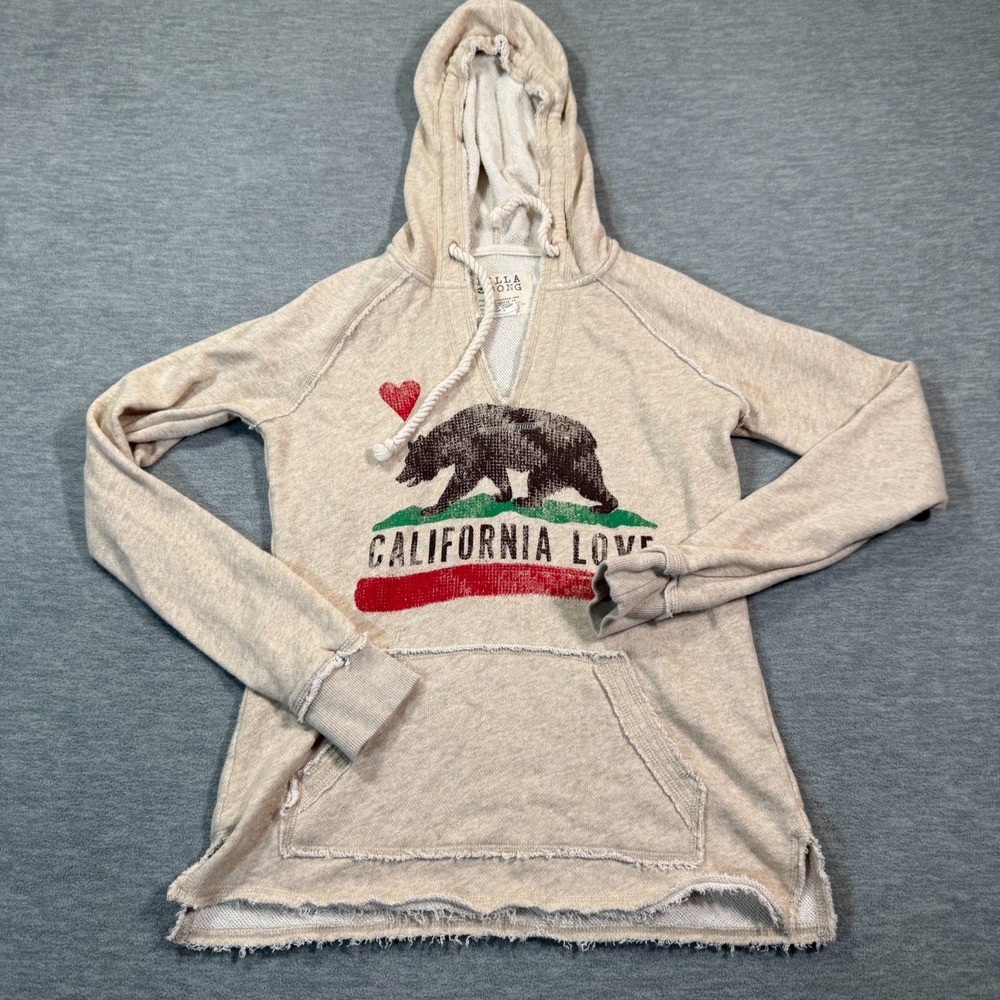 Billabong Hoodie Womens Medium Beige California Love Bear Graphic Pullover‎